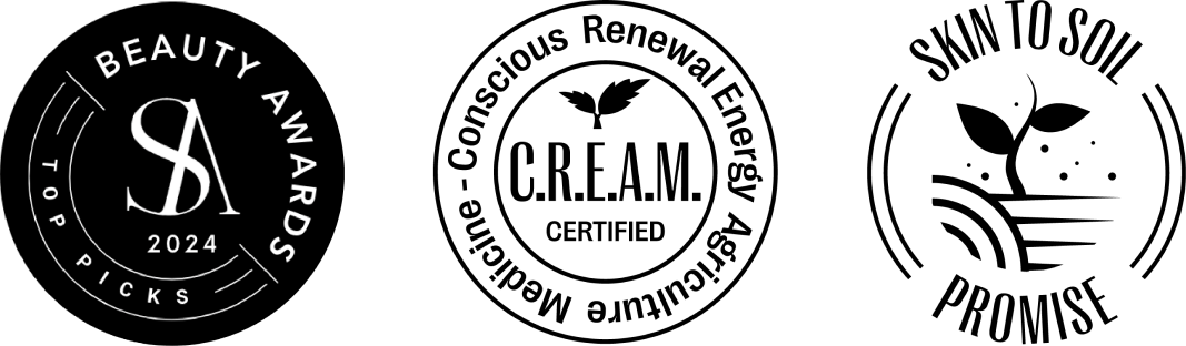 Beauty awards 2024 - Top Pics Seal, Skin To Soil Promise Seal, Conscious Renewal Energy Agriculture Medicine Seal