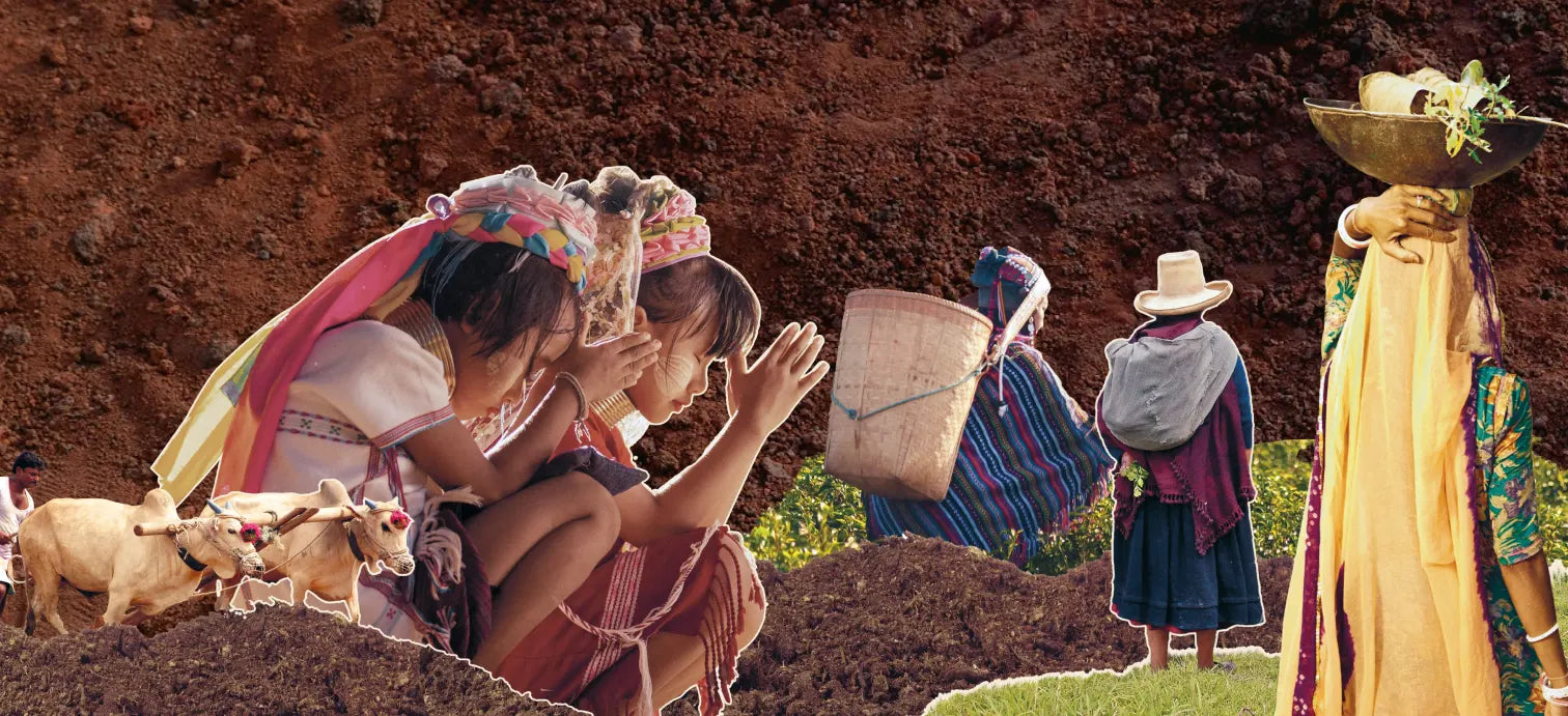 Collage of Indigenous women in traditional clothing making an offering, a farmer with a woven basket on her back, and other rural figures set against a backdrop of soil and greenery
