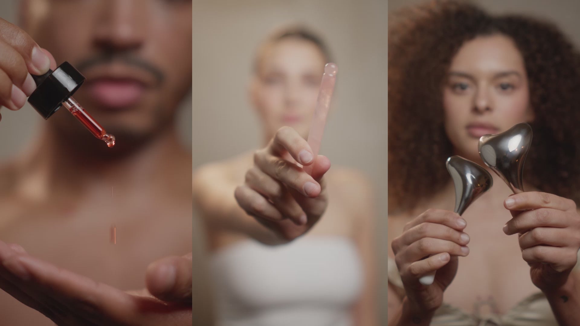 Models trying different Hemptress® products: Love Me, Heal Me® facial Serum and accessories.